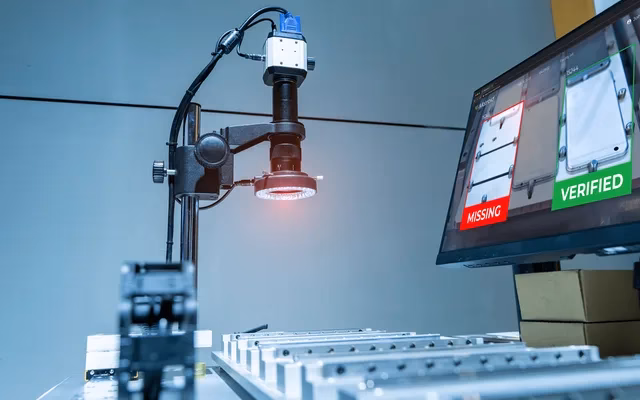 Câmera de visão computacional inspecionando peças em linha de produção